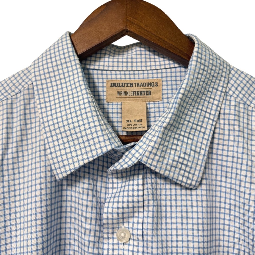 Duluth Trading Co Shirt Mens XL Tall Wrinklefighter Blue Check Button Down